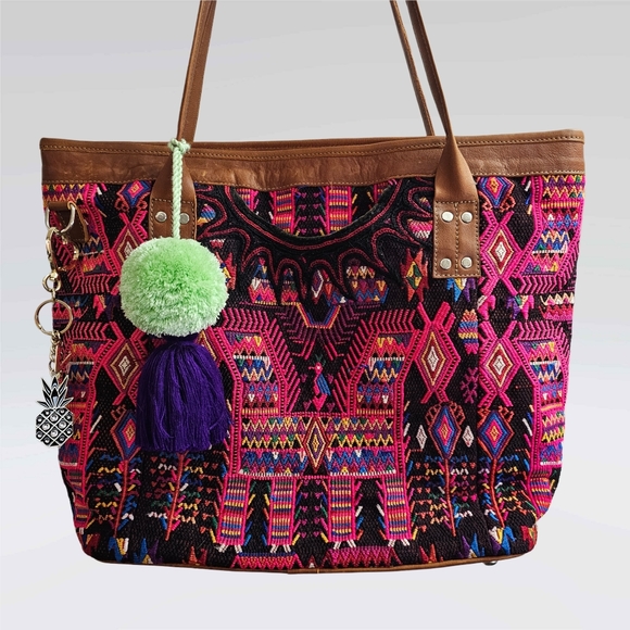 Maya & Mali Fair Trade Leather And Huipil Tote - Picture 3 of 11